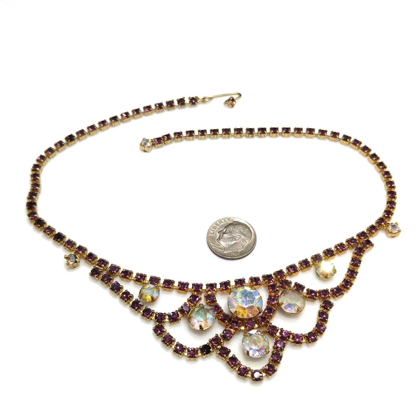 Vintage Purple AB Clear Rhinestone Choker Necklace, Gold Plated, Aurora Borealis, 1960s Vintage Jewelry