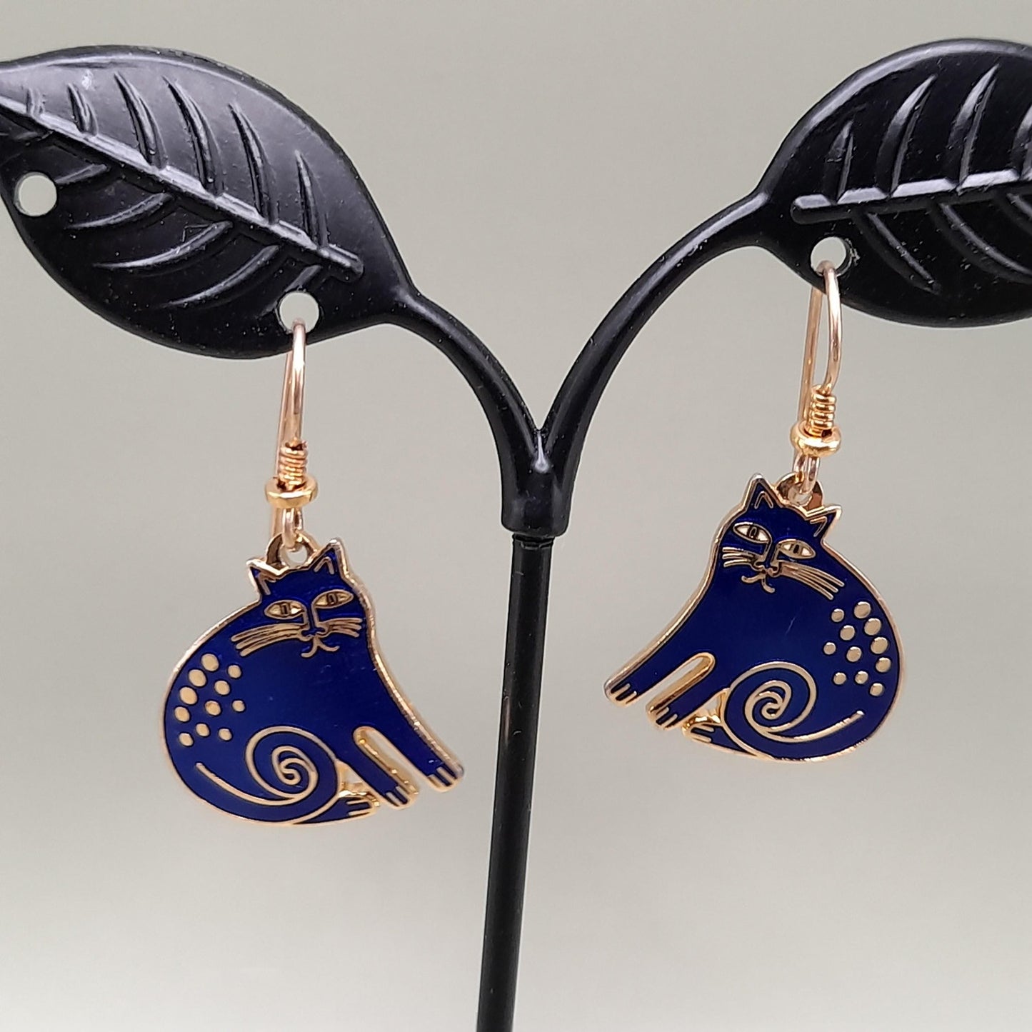 Vintage Laurel Burch "Keshire Cat" Drop Earrings, Blue Enamel, Gold Plate, 1980s Jewelry