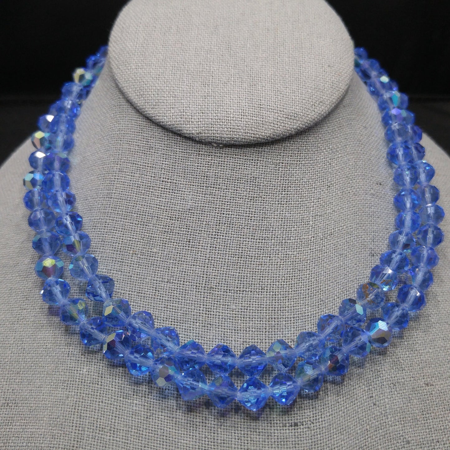 Vintage 1950s Aurora Borealis Blue Crystal Beaded Two-Strand Choker Necklace – Rhinestone Clasp