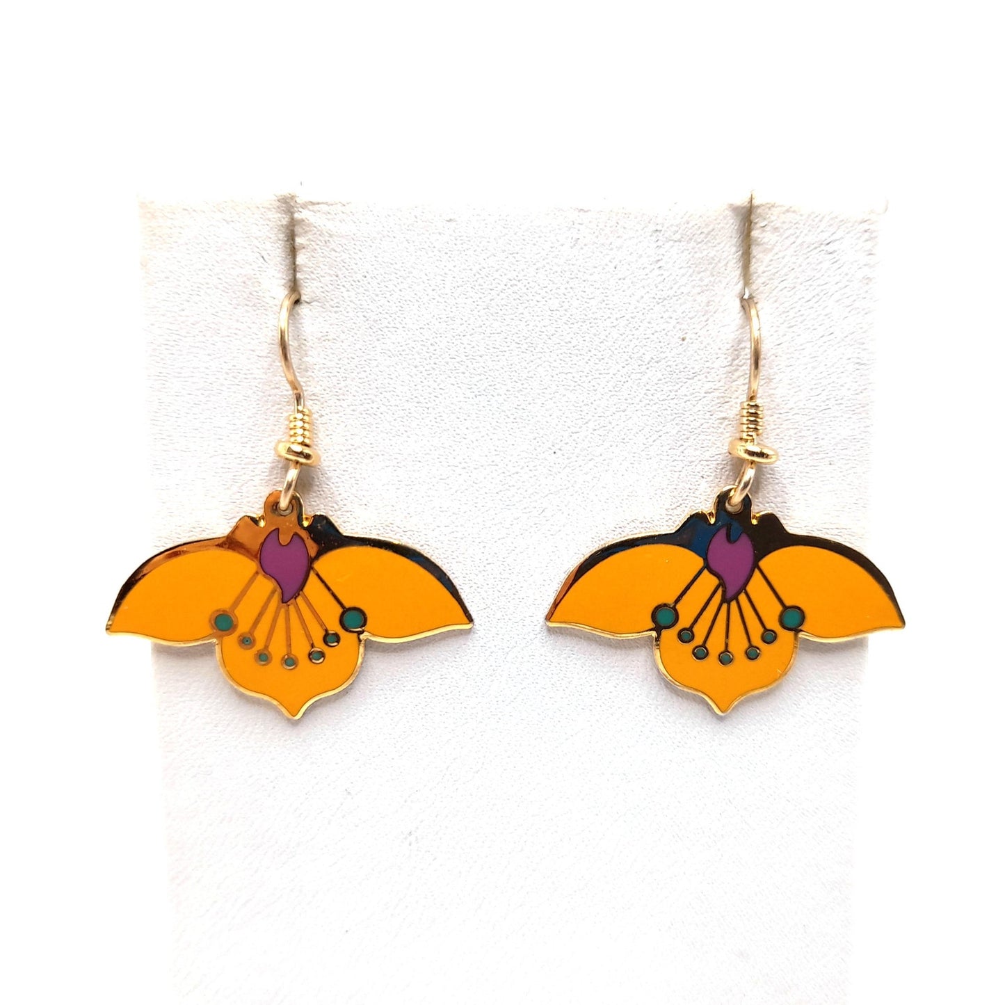 Laurel Burch "Desert Flower" Earrings, Golden Yellow Enamel, Gold Plated Cloisonne, 1980s Vintage Jewelry