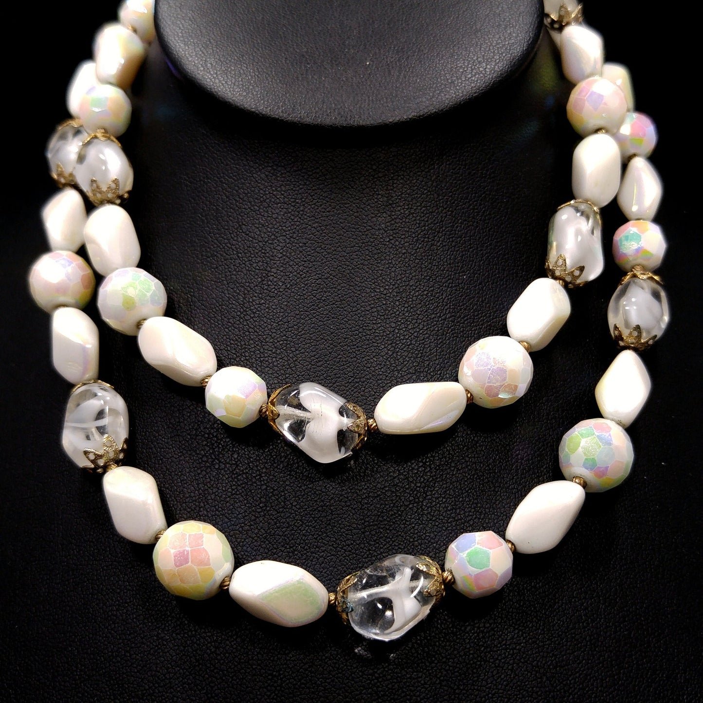 Vintage Czech White Glass Beaded Necklace, Art Glass Beads, 12K GF Clasp, 1950s Vintage Jewelry