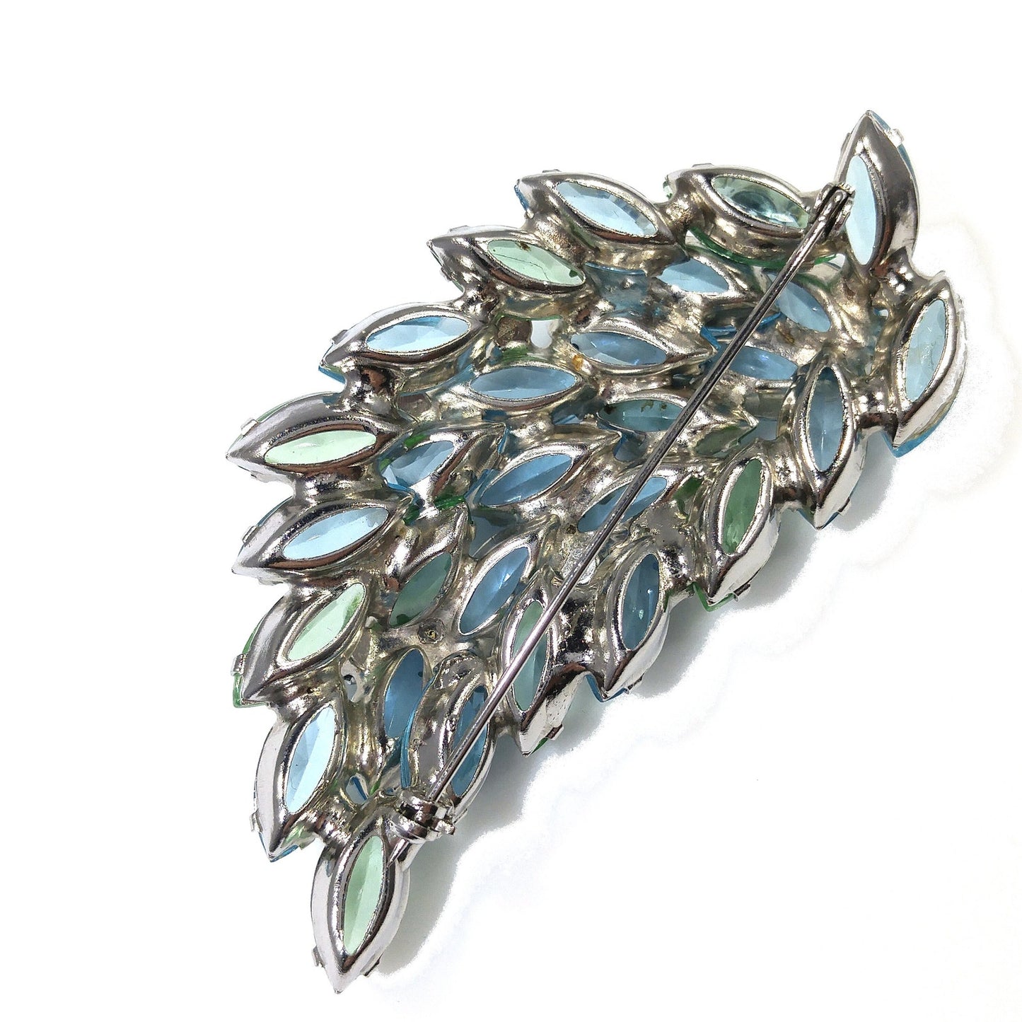 Turquoise & Green Rhinestone Brooch, Rhodium Plated, 1960s Vintage Jewelry