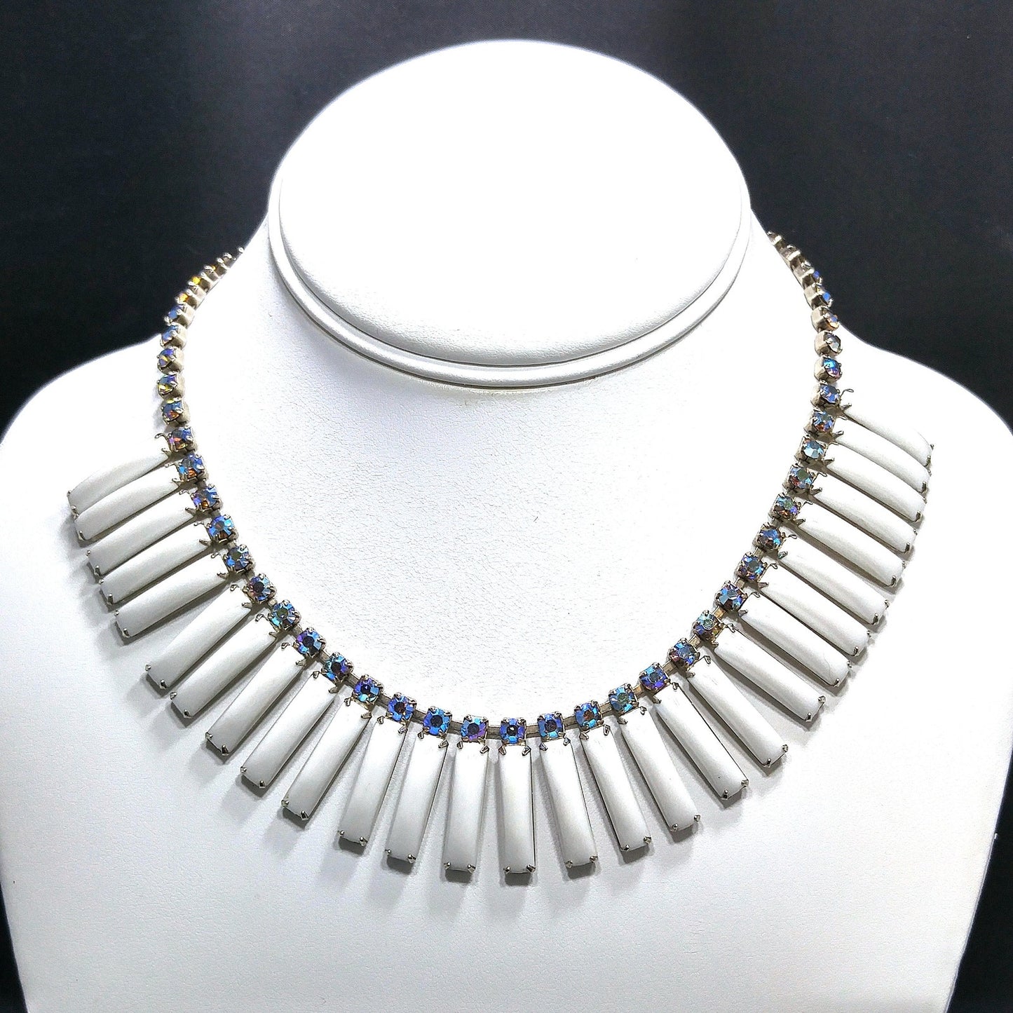 White Lucite Blue Aurora Borealis Rhinestones Necklace, Egyptian Revival Mid-Century, 1960s Vintage Jewelry