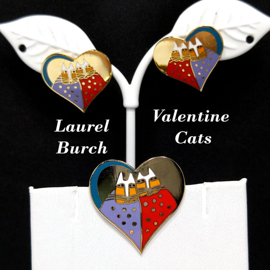 Laurel Burch "Valentine Cats" Brooch & Earrings, Gold Plated, Cloisonné Enamel, 1980s Vintage Jewelry