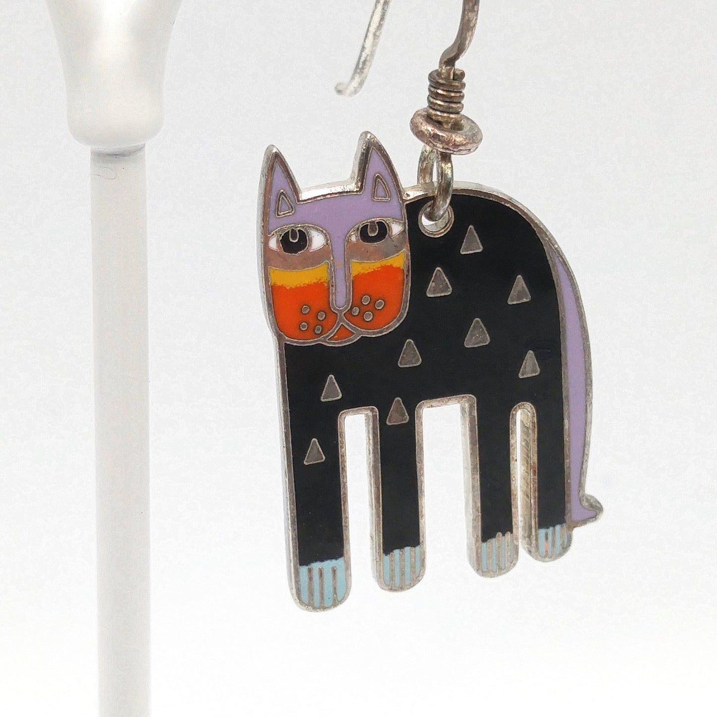 Laurel Burch "Alexander's Animal" Cat Earrings, Rhodium Plated Enamel, 1980s Vintage Jewelry