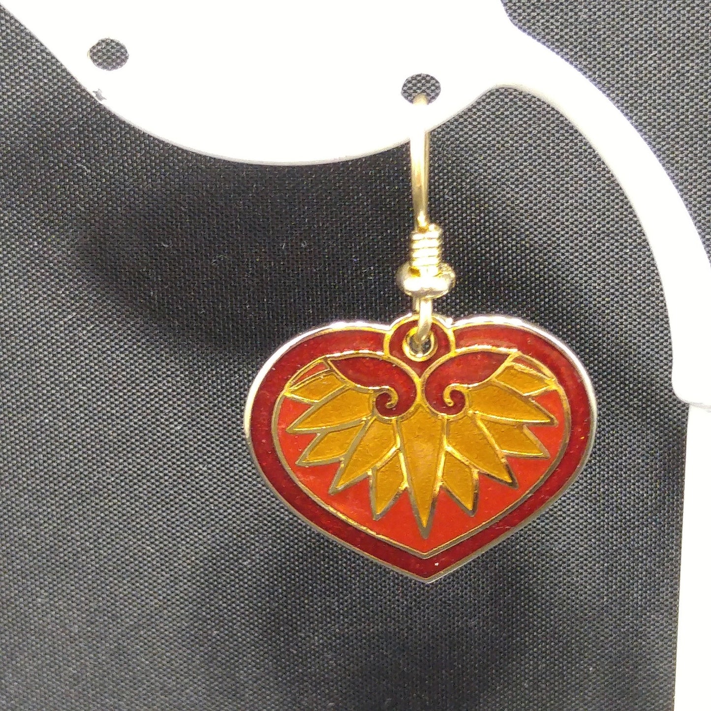Vintage Laurel Burch Hollyhock Floral Earrings, Gold Plated Cloisonne, Red Enamel