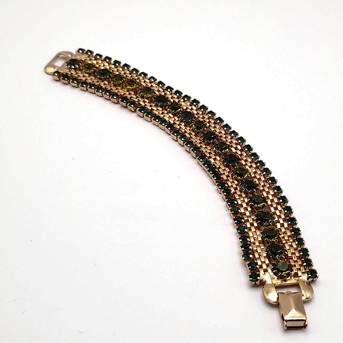 Vintage Weiss Green Rhinestone Mesh Bracelet - Elegant Glamour