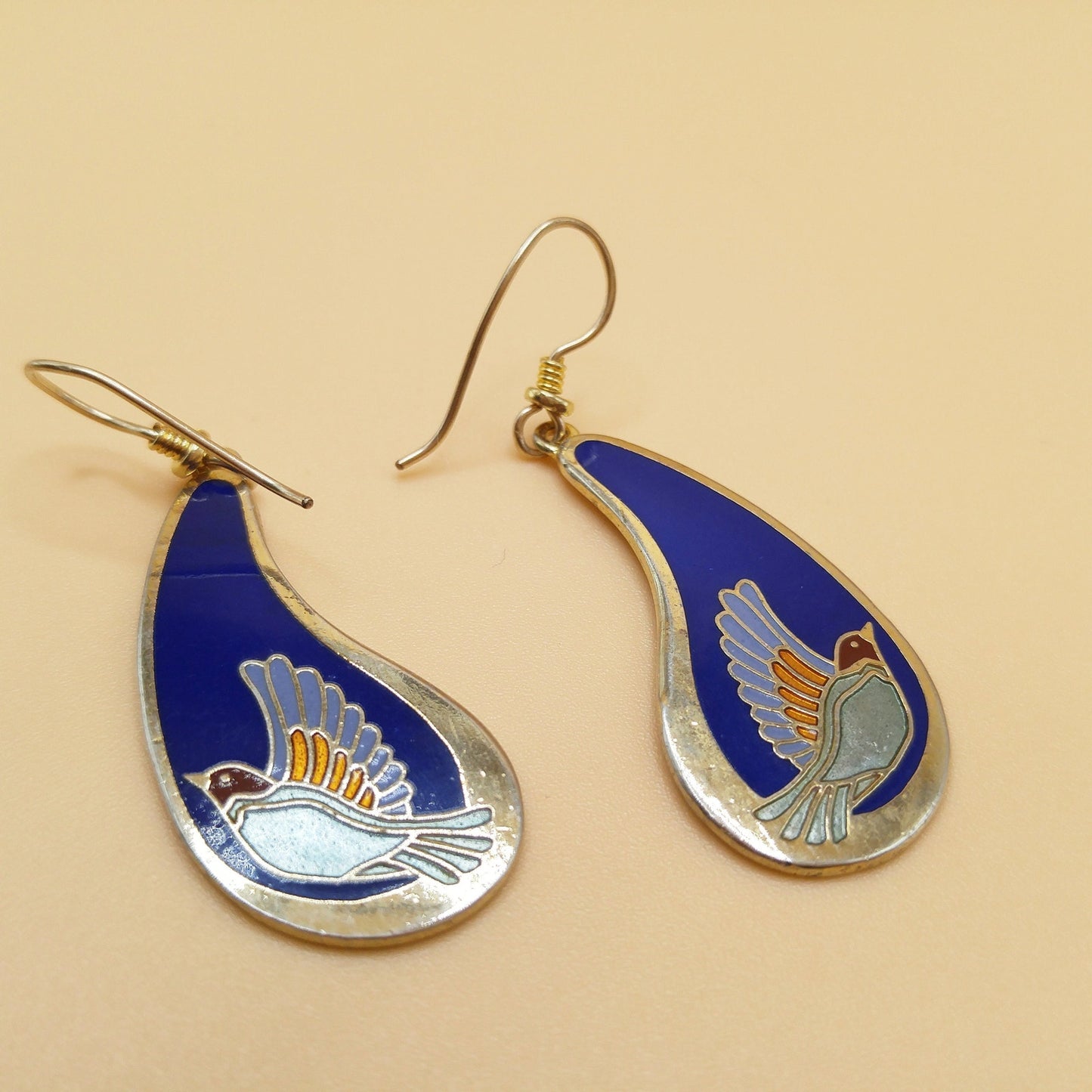 Vintage Laurel Burch Swallow Bird Blue Enamel Earrings, Gold Plated