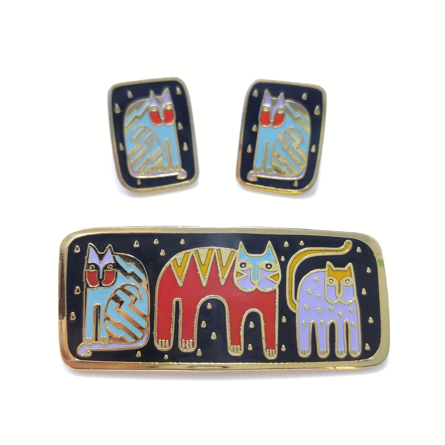 Vintage Laurel Burch "Fantastic Felines" Brooch & Earrings, 1980s