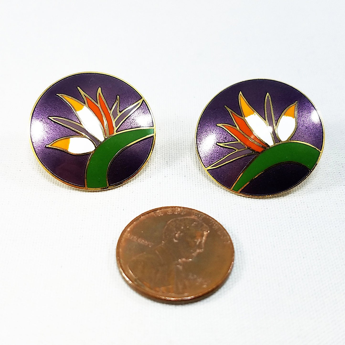 Vintage Laurel Burch Bird of Paradise Post Earrings Gold Cloisonne Enamel