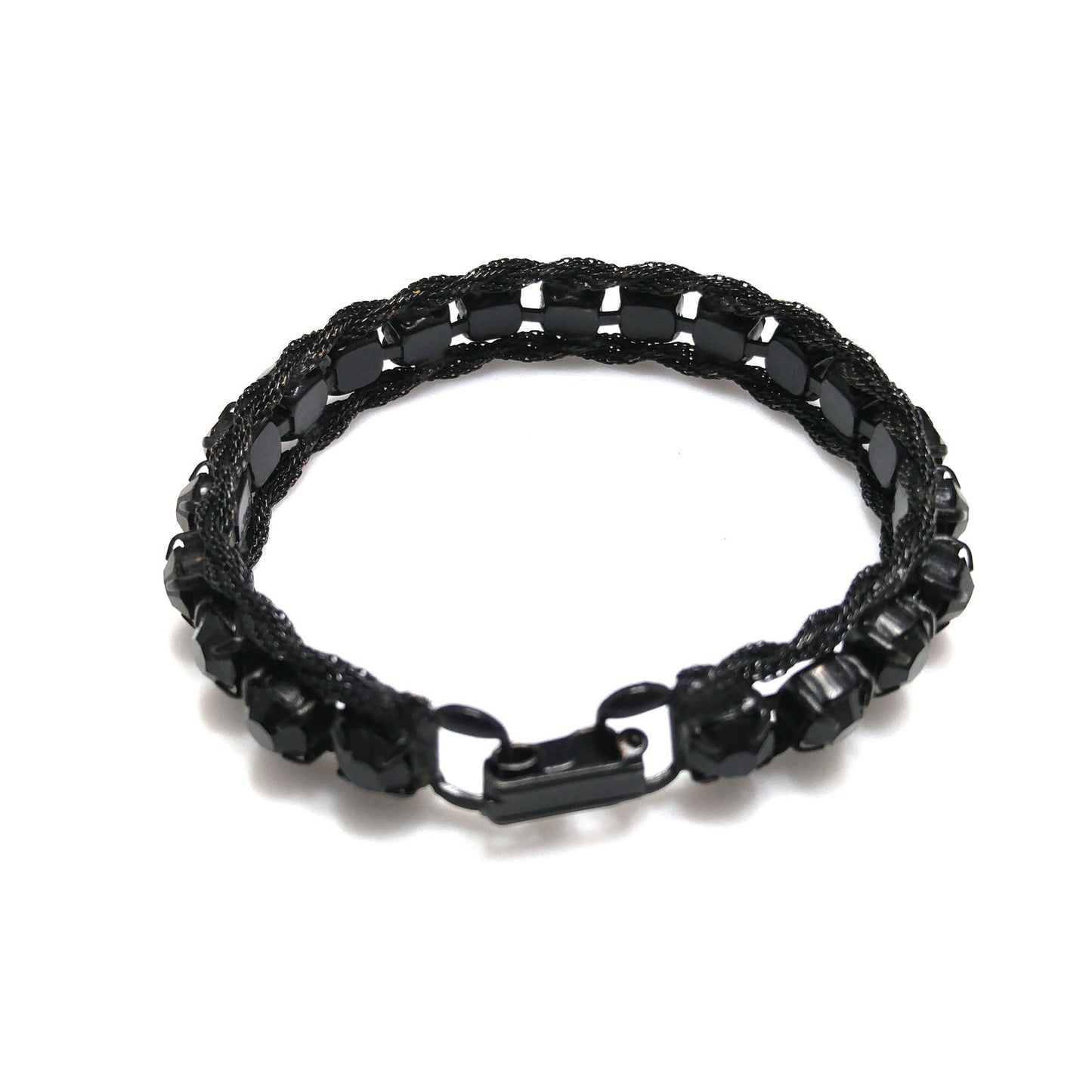 Weiss Black Japanned Bracelet, Black Rhinestones, 1950s Vintage Jewelry