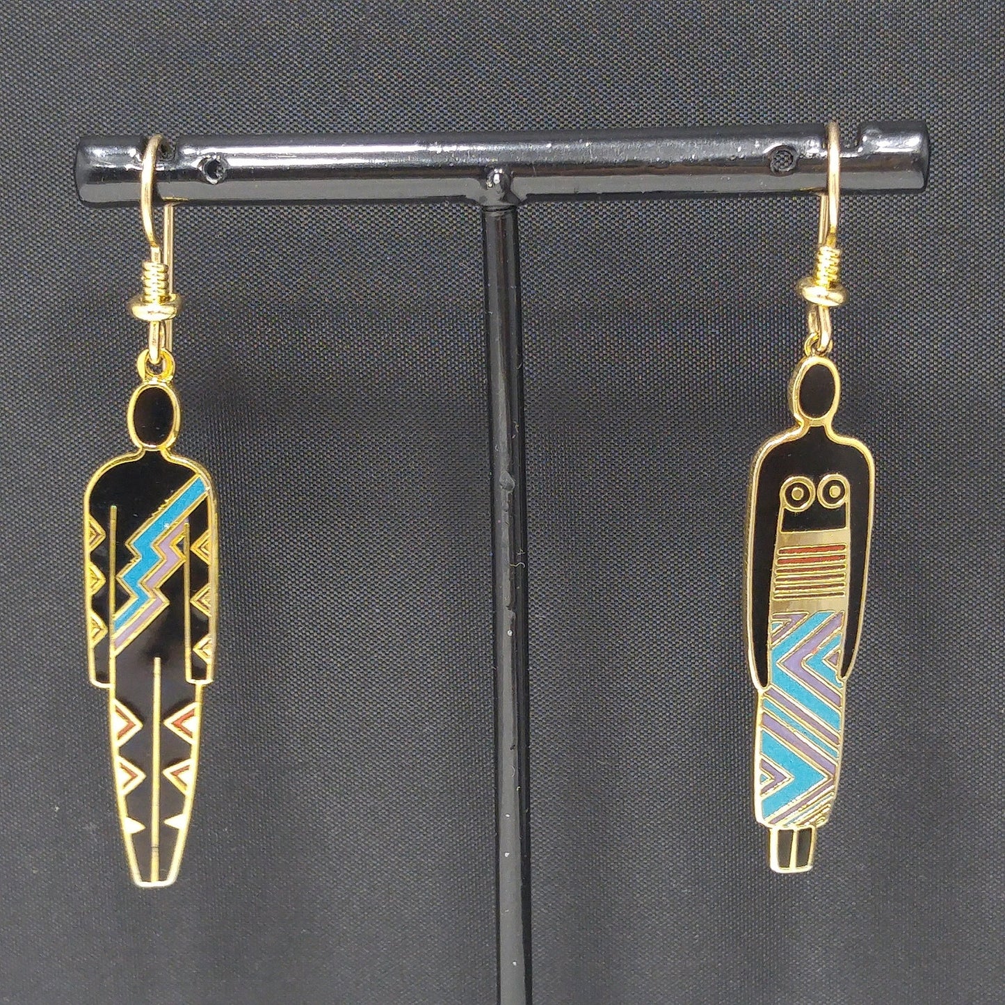 Laurel Burch "Man" & "Woman" Tribal Earrings, Gold Plated, 1980s Vintage Jewelry