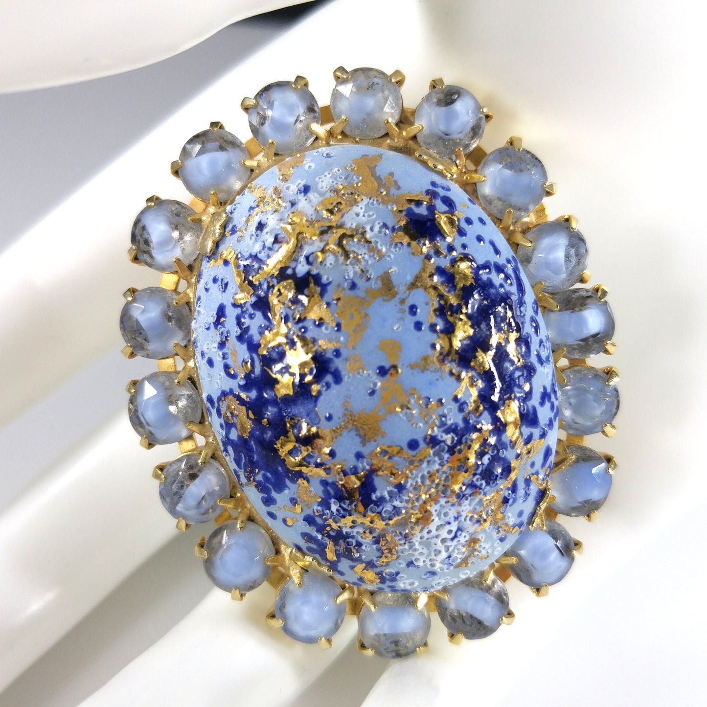 Hand Painted Blue Spatter Gold Ceramic Brooch, Gold Plated, 1960s Vintage Jewelry