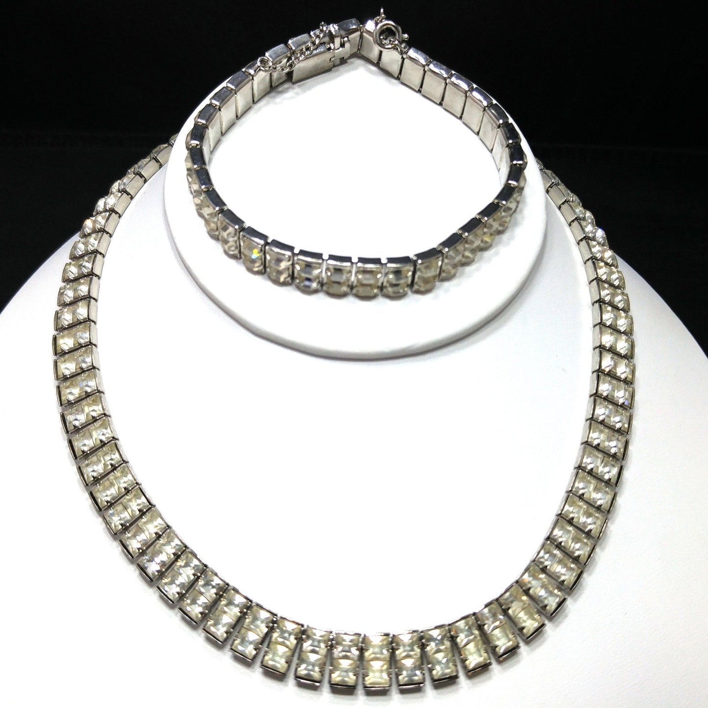 Art Deco Clear Rhinestone Choker Necklace Bracelet Set, Wedding Bridal, 1950s Vintage Jewelry