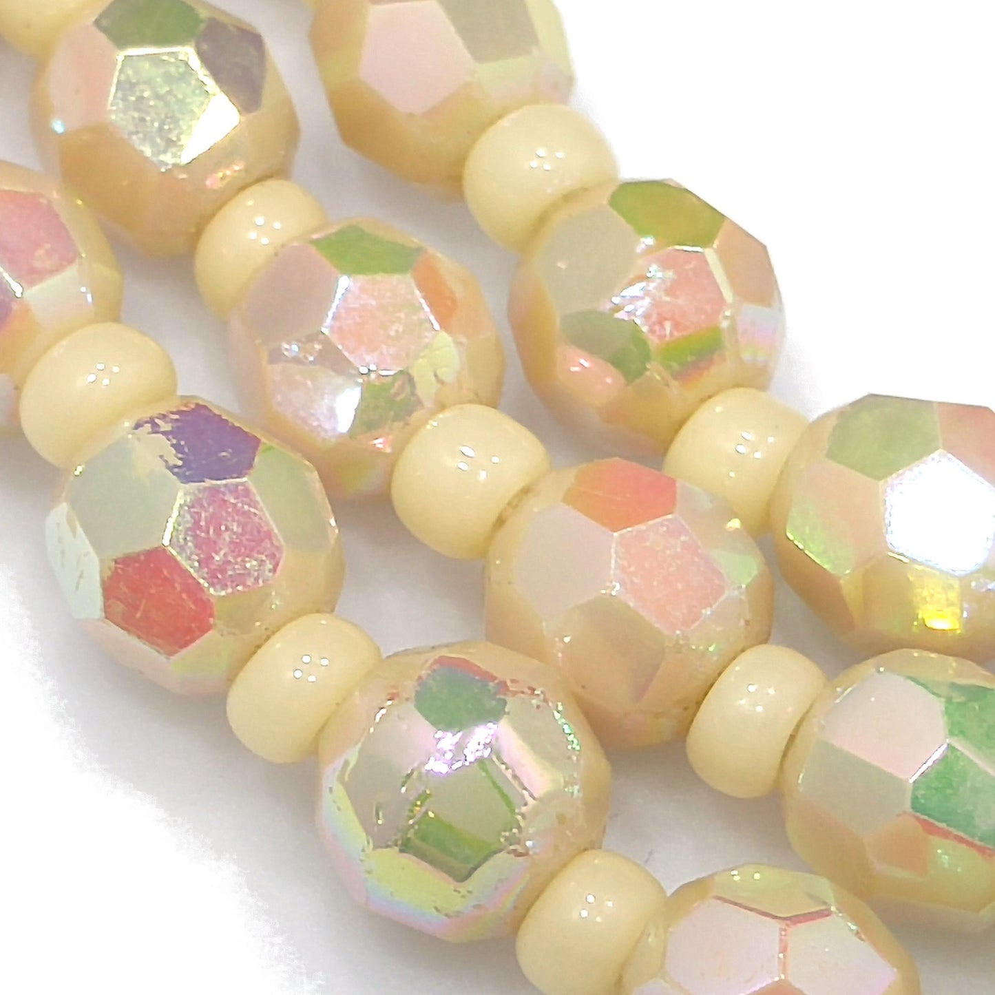 West Germany Fire Polished Beige Beaded Necklace, Three Strands, 1950s Vintage Jewelry