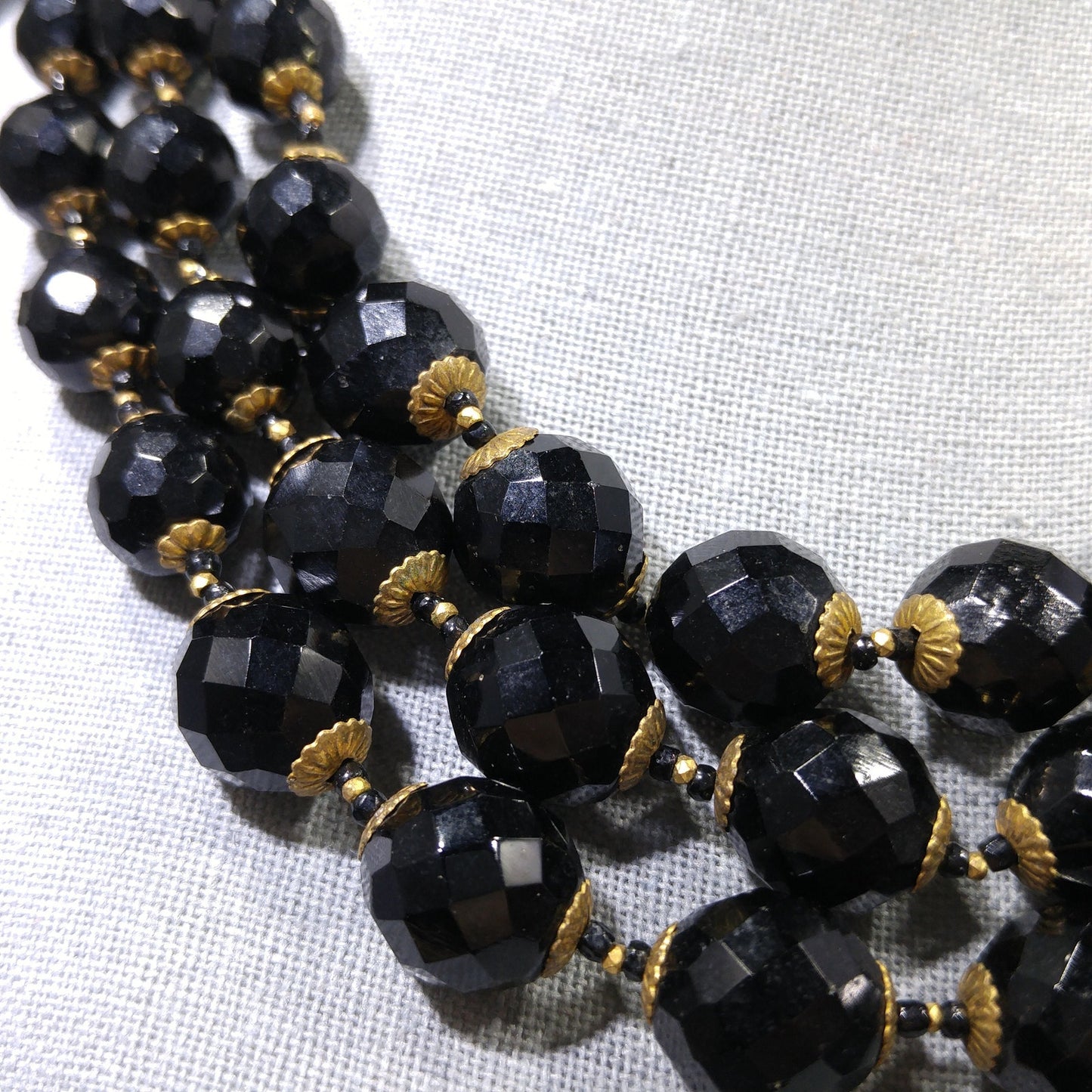 Miriam Haskell Black Beaded Necklace, Three Strands, 1960s Vintage Jewelry