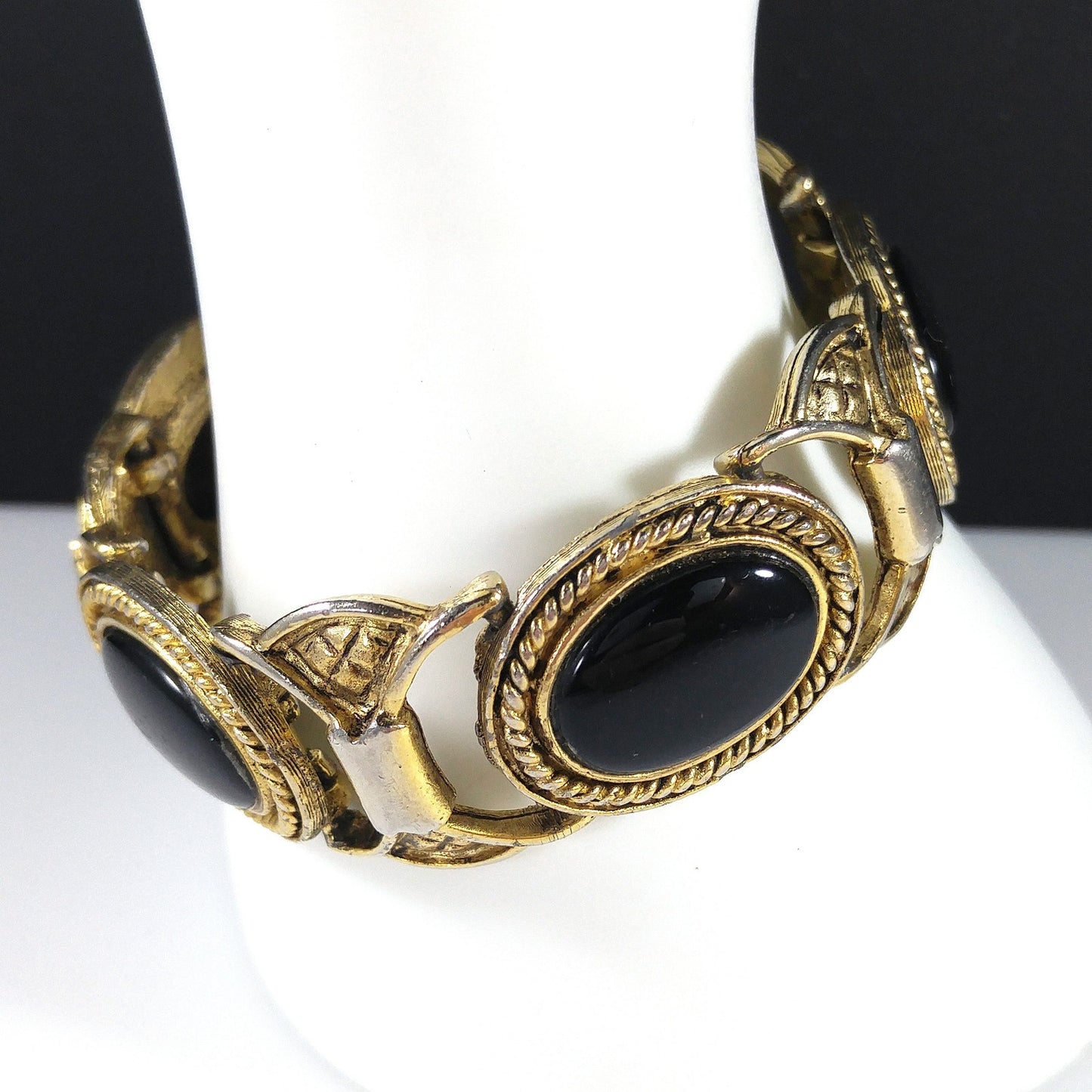 Mid-Century Black Glass Link Bracelet, Gold Plated, 1950s Vintage Jewelry