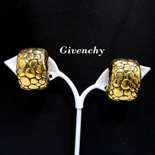 Givenchy Snake Skin Design Clip Earrings, Gold Plated, 1980s Vintage Jewelry