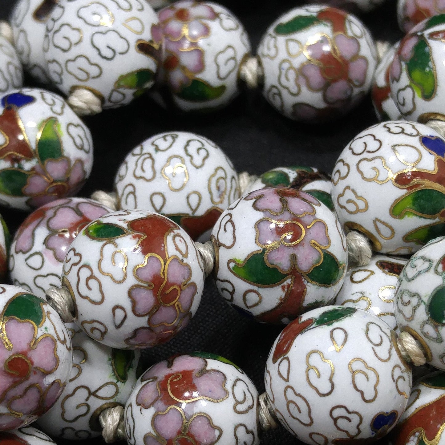 Vintage Cloisonne Beaded Necklace, Hand Knotted, Hand Painted Floral Beads, 1960s Vintage Jewelry