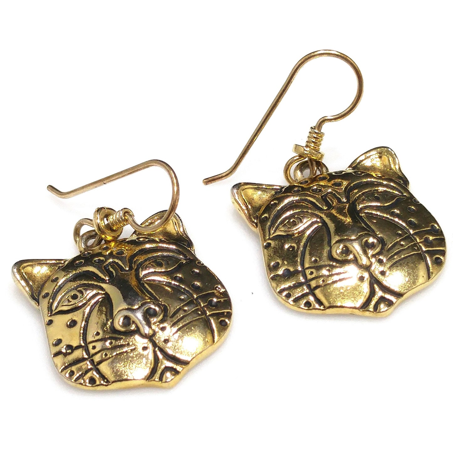 Laurel Burch Tiger Face Dangle Earrings, Gold Plated, 1980s Vintage Jewelry