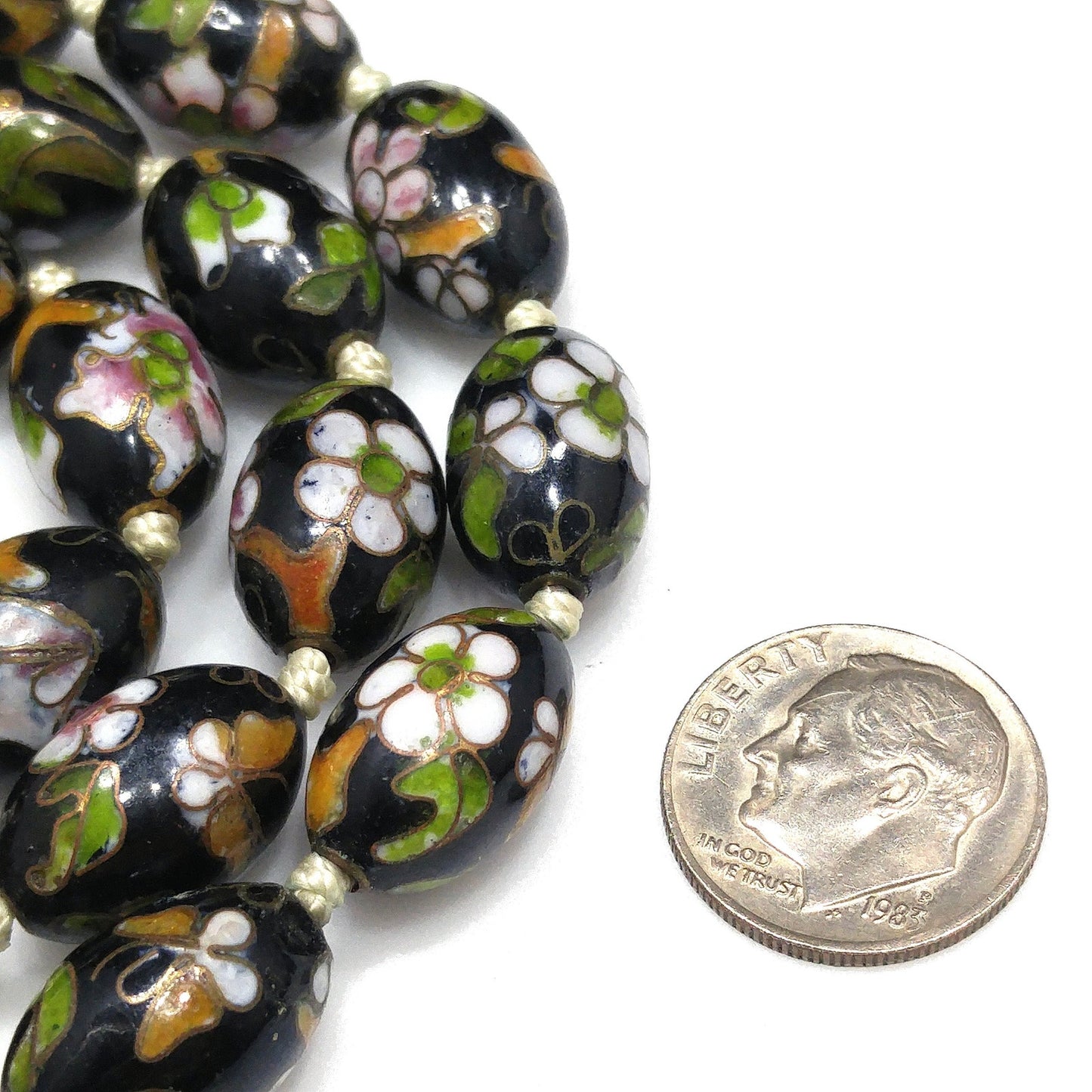 Vintage Cloisonné Beaded Necklace, Black Hand Painted Floral Beads, 1960s Vintage Jewelry