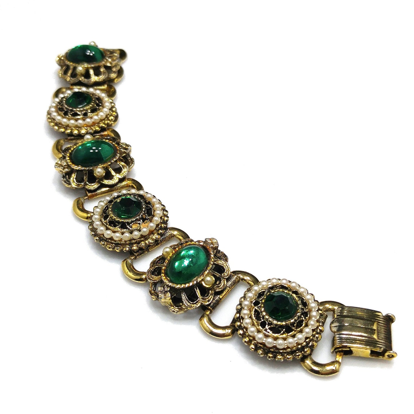 Emerald Green Rhinestones Book Chain Bracelet, Faux Pearls, 1940s 1950s Vintage Jewelry