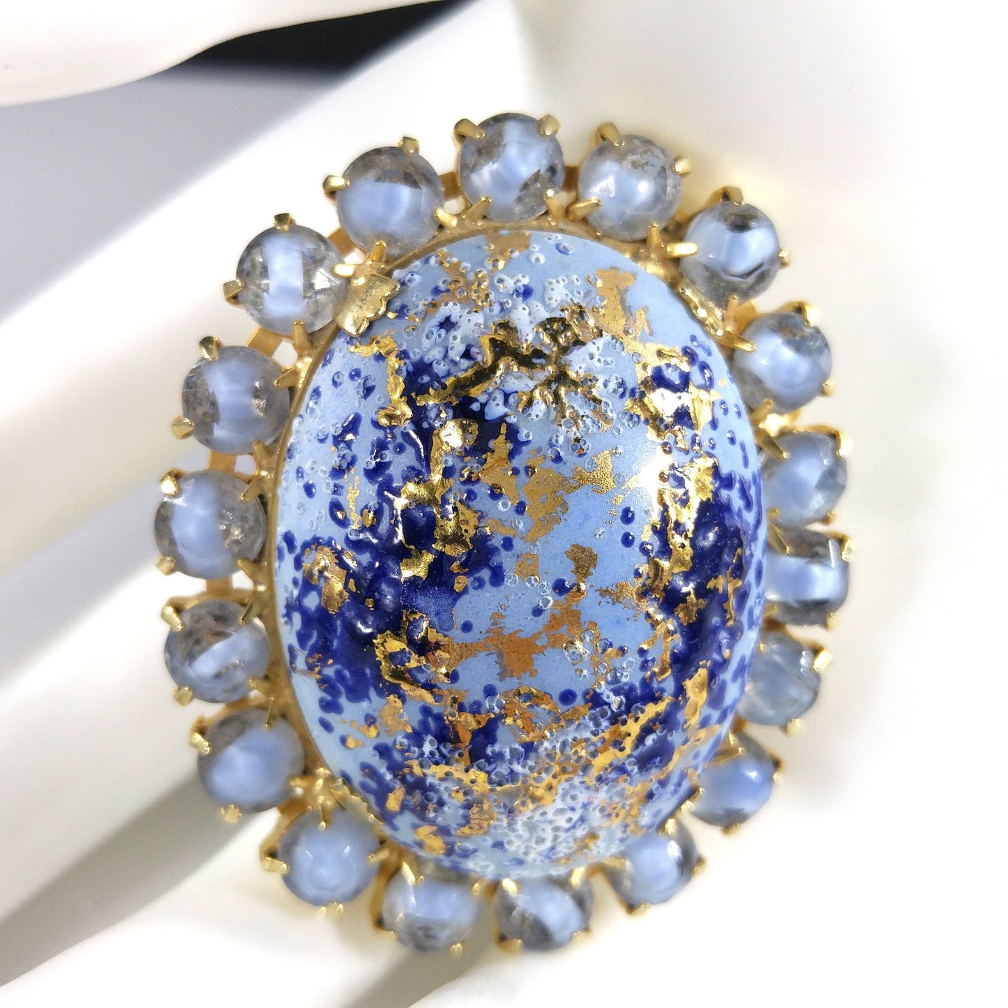 Hand Painted Blue Spatter Gold Ceramic Brooch, Gold Plated, 1960s Vintage Jewelry