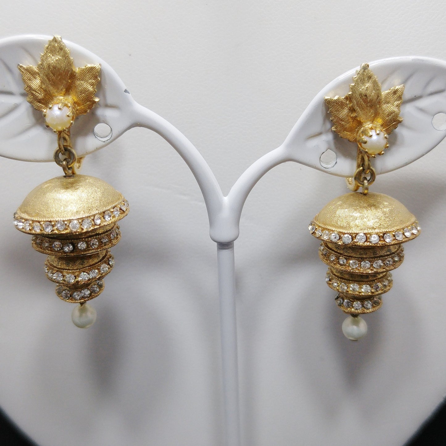 Vendome Articulated Floral Pendant Necklace & Earrings, Pave Rhinestones, Faux Pearls, 1960s Vintage Jewelry