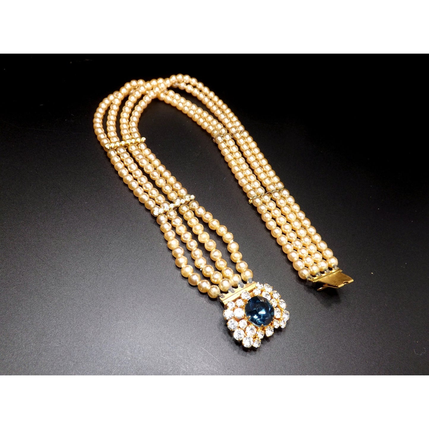 Blue Rhinestone Faux Pearl Collar Necklace, Three Strands, 14 Inches, 1950 Vintage Jewelry