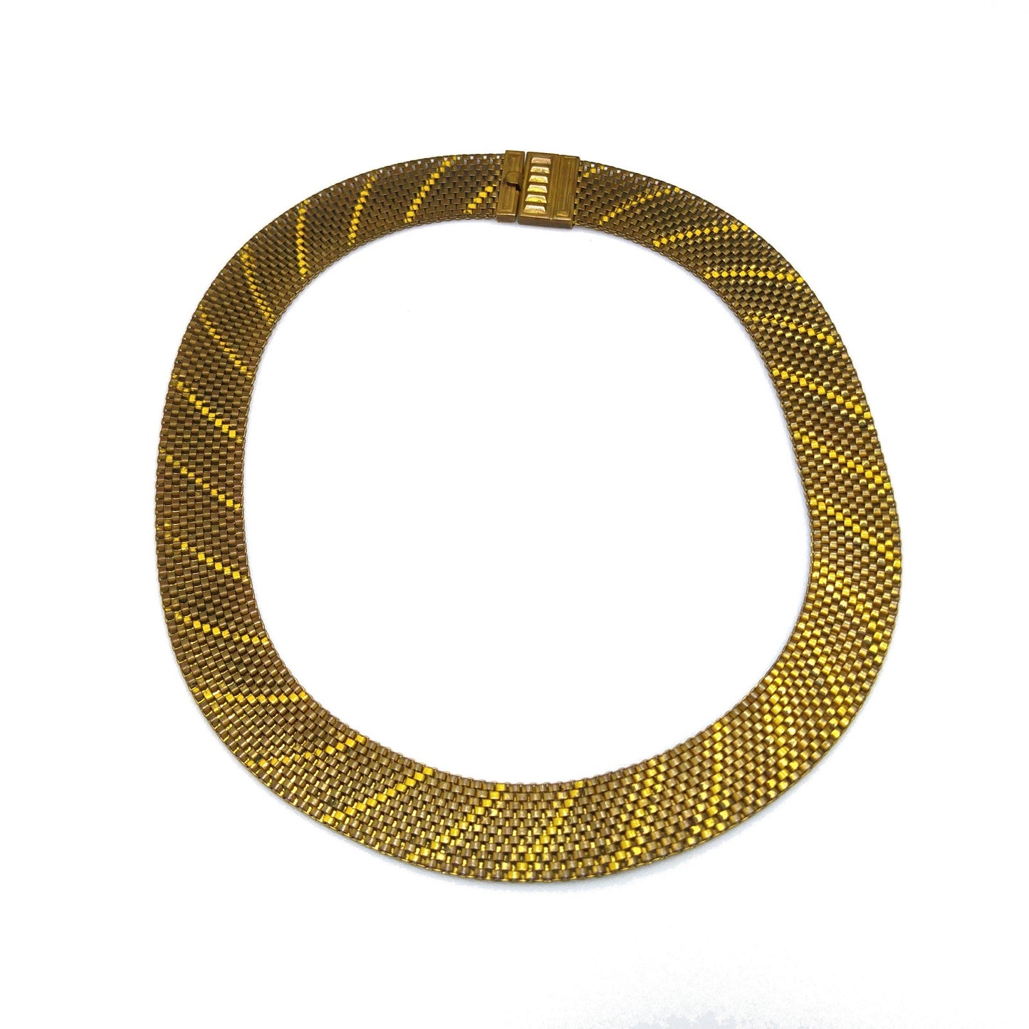 Art Deco Brass Mesh Necklace, Yellow Enamel, 1930s Vintage Jewelry