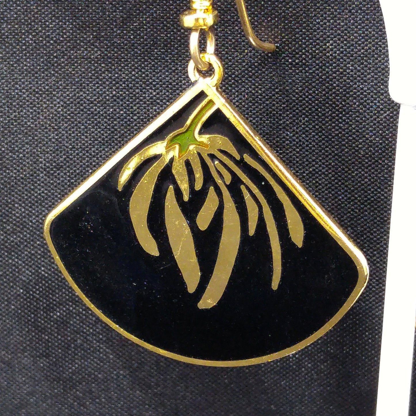 Laurel Burch Floral Earrings, Gold Plating, Black Enamel, Willow Fan, 1980s Vintage Jewelry
