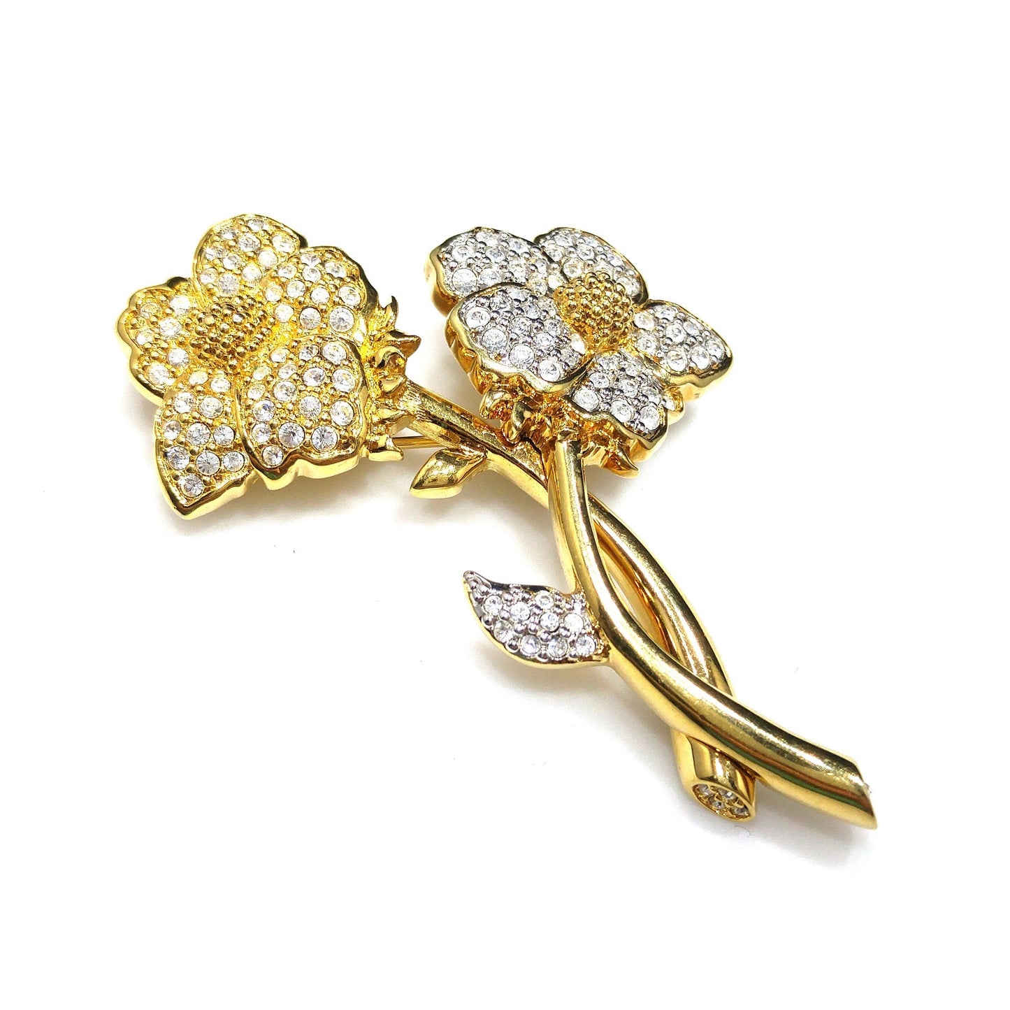 Vintage Swarovski Year 2000 Two Flower Brooch – Gold Plated with Clear Rhinestones