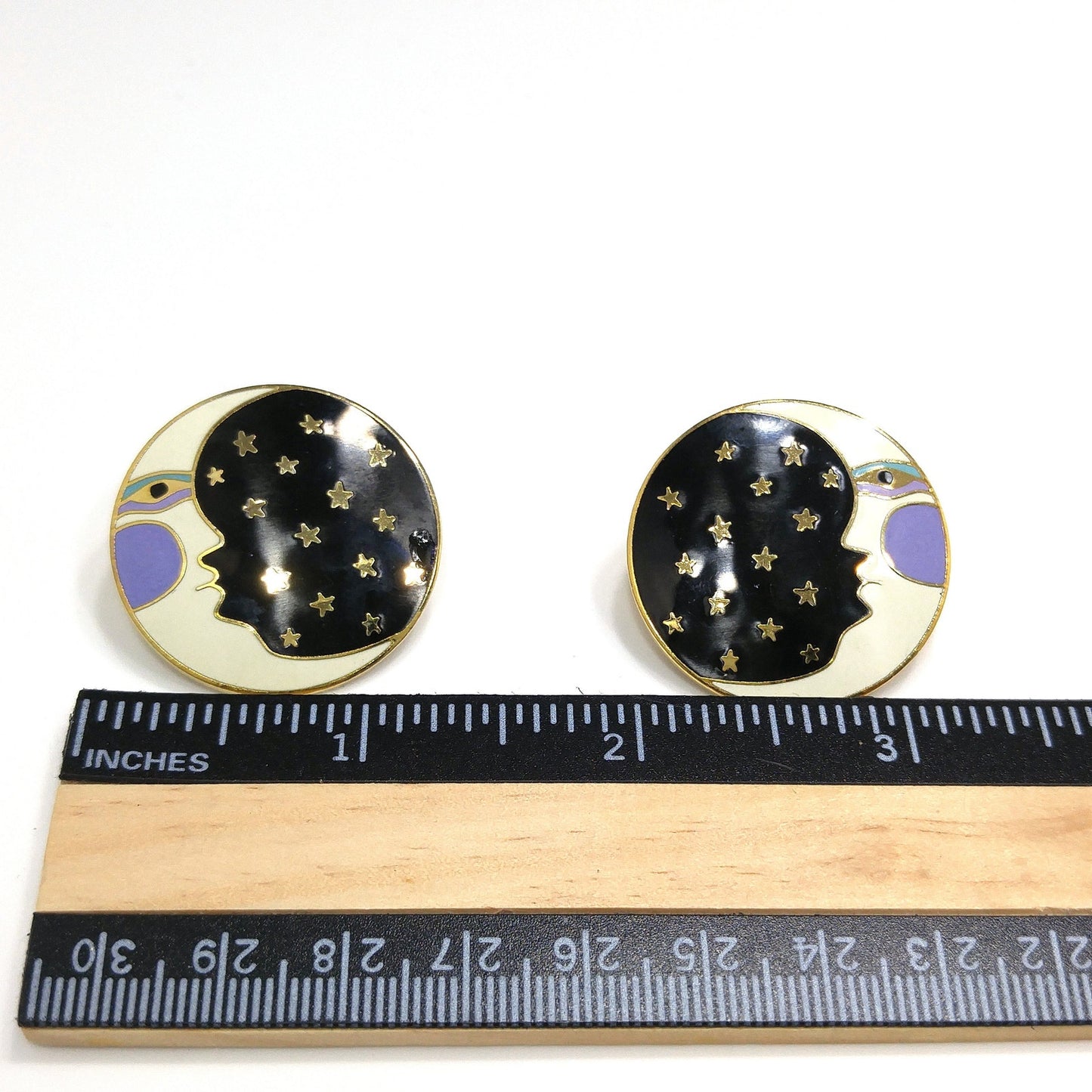 Laurel Burch "Moonface" Large Post Earrings, Cloisonné Gold Plate, Enamel Black White Purple, 1980s Vintage Jewelry