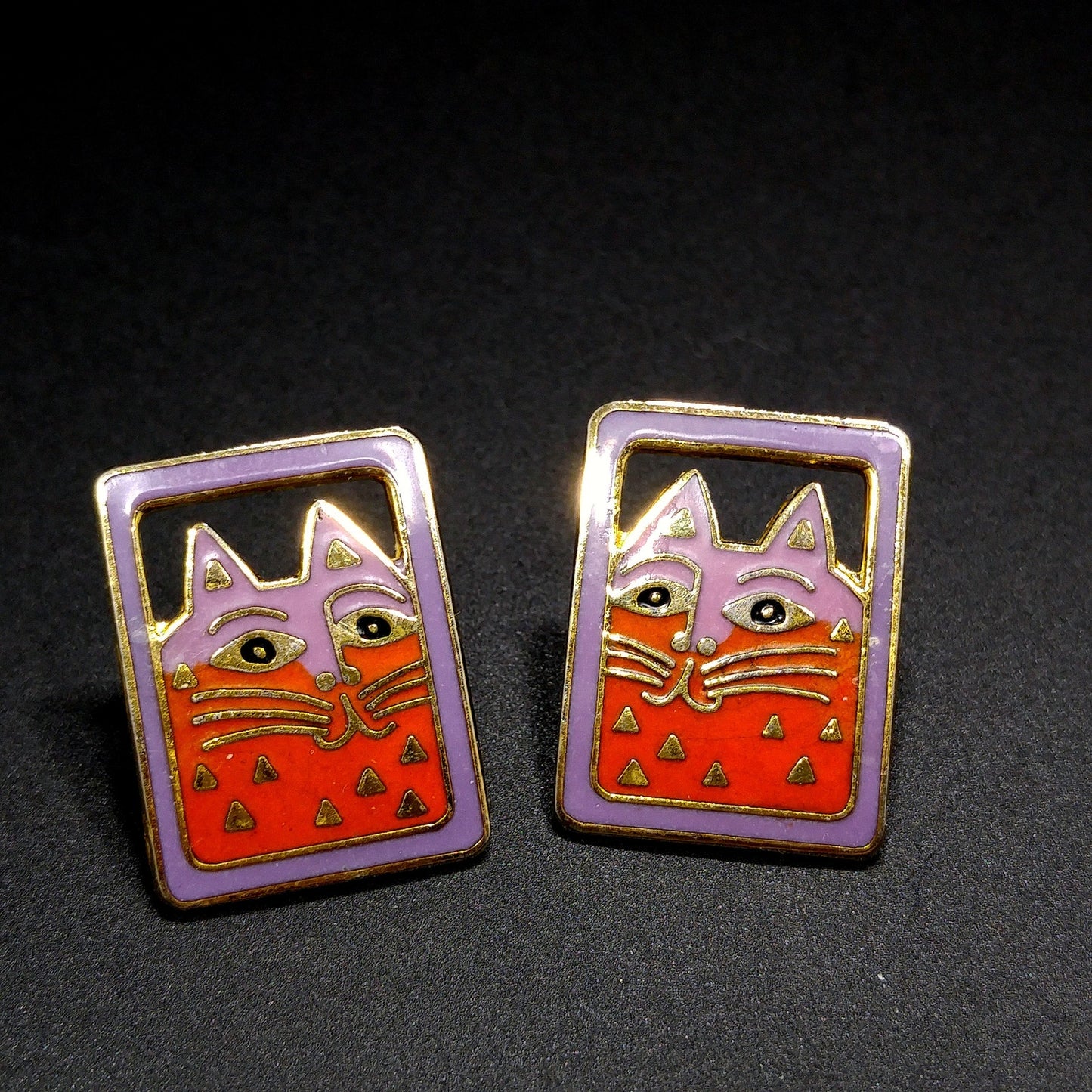 Vintage Laurel Burch "Mallory's Cat" Post Earrings, Gold Plated, Cloisonne
