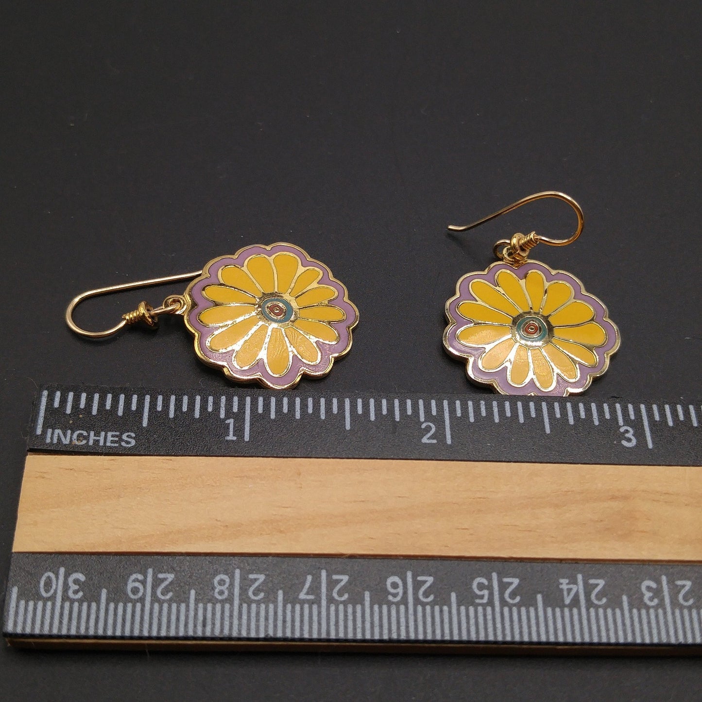 Laurel Burch "Flower Song" 1993 Flower Earrings, Gold Plated, Yellow Purple Enamel, 1990s Vintage Jewelry