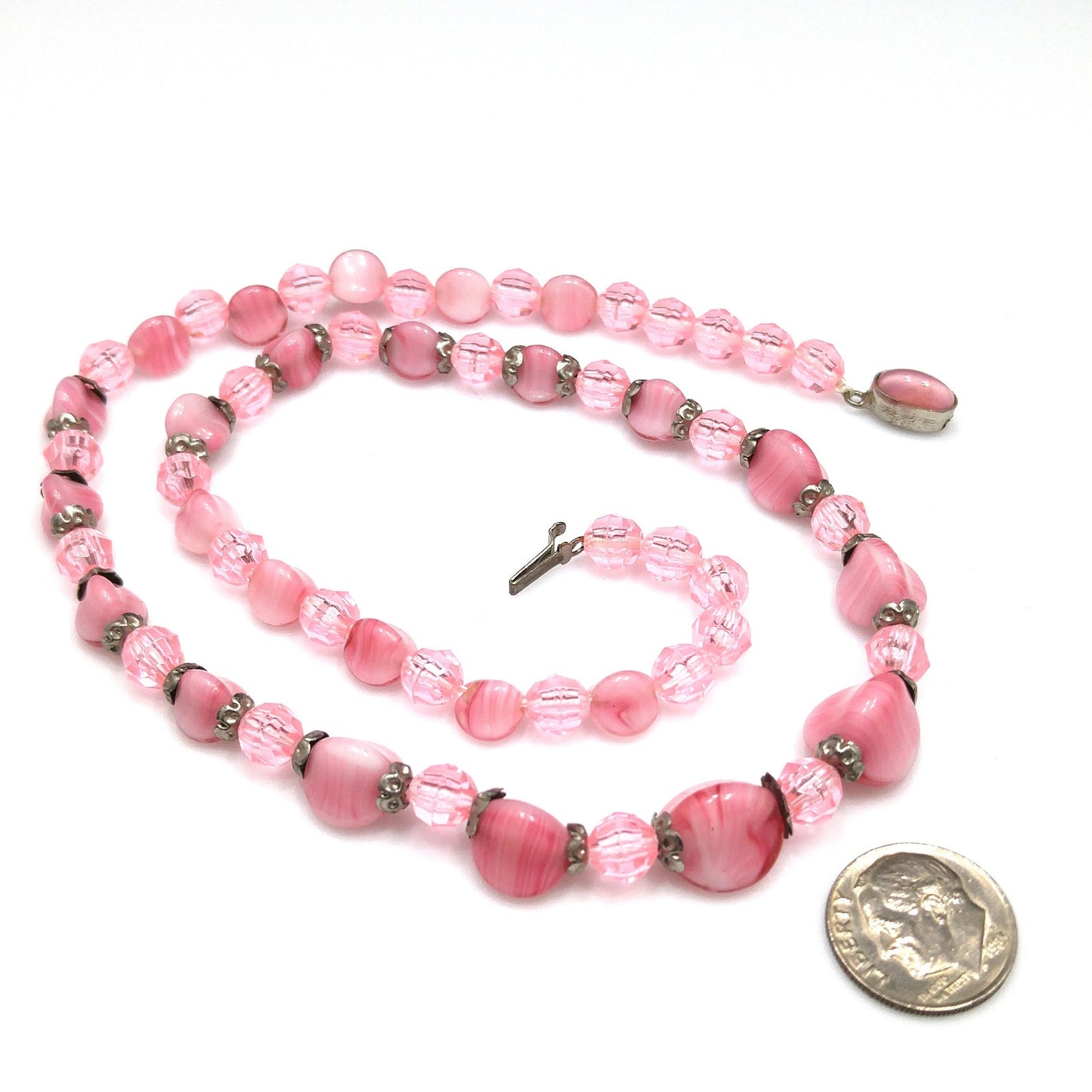 Czech Glass & Thermoset Beaded Necklace, Pink Art Glass Beads, 1940s Vintage Jewelry