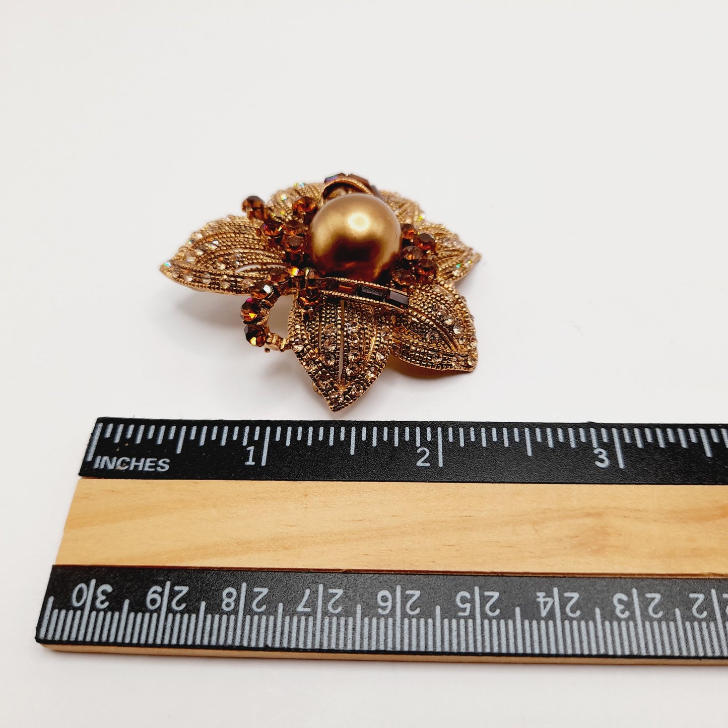 Vintage BJ Rhinestone Faux Pearl Flower Brooch or Pendant - 2 1/4 Inches