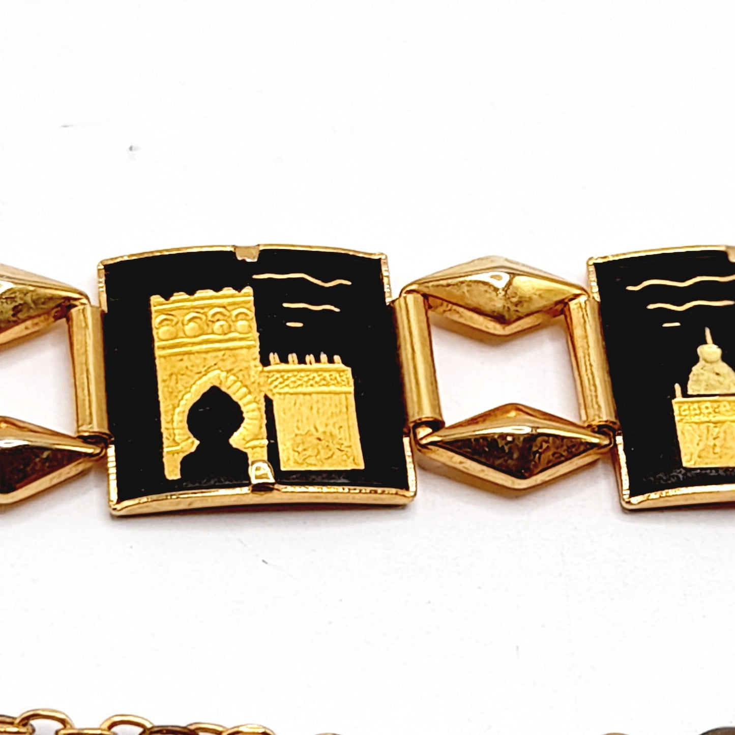 Vintage Damascene Castle Link Bracelet, Spanish Gold Black Jewelry, 7 Inch Chain