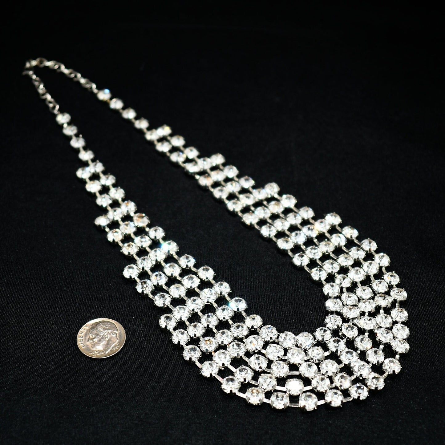 Vintage Clear Rhinestone Frontal Necklace, Rhodium Plating, 18 1/2 Inches, 1980s Vintage Jewelry