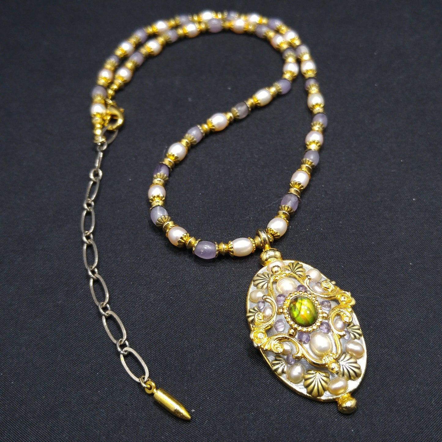 Michal Golan Amethyst Beaded Pendant Necklace, Faux Pearls, Artisan Vintage Jewelry