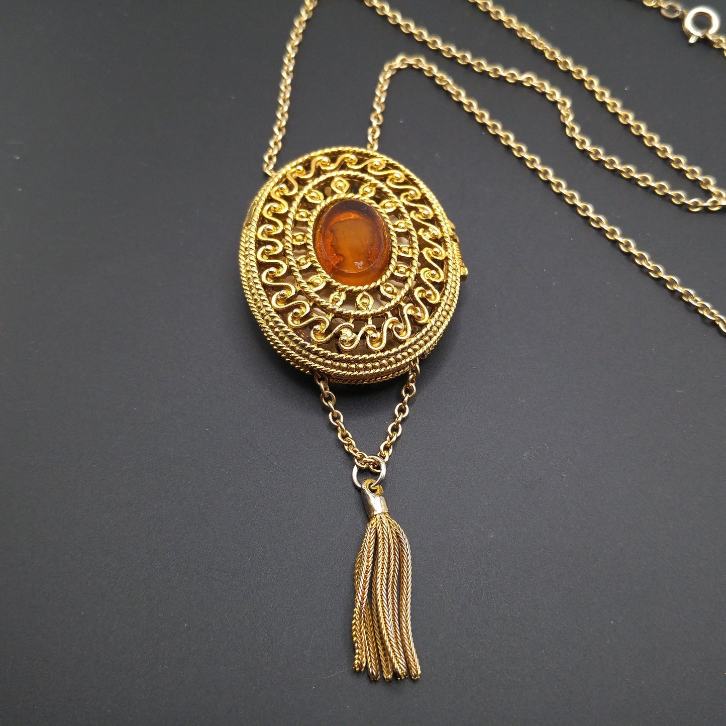 Glass Cameo Perfume Locket Necklace, 30" Chain, 1960s Vintage Jewelry
