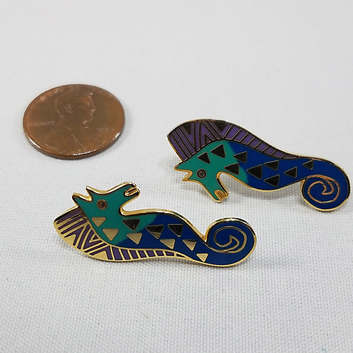 Vintage Laurel Burch "Sea Stallion" Post Earrings Teal Lavender & Gold SEA HORSE