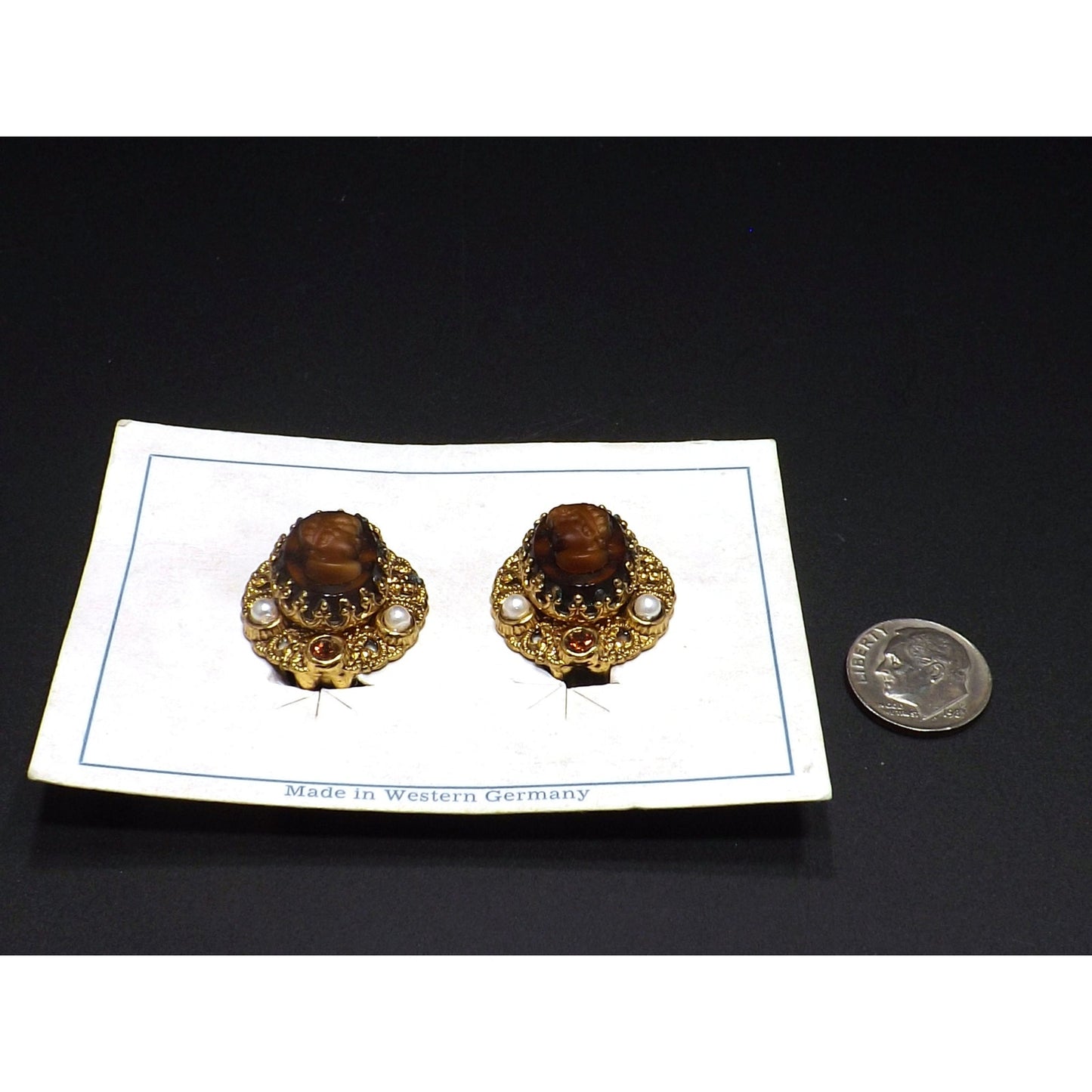 West Germany Cameo Clip Earrings, Original Card, Faux Pearls, 1950s Vintage Jewelry