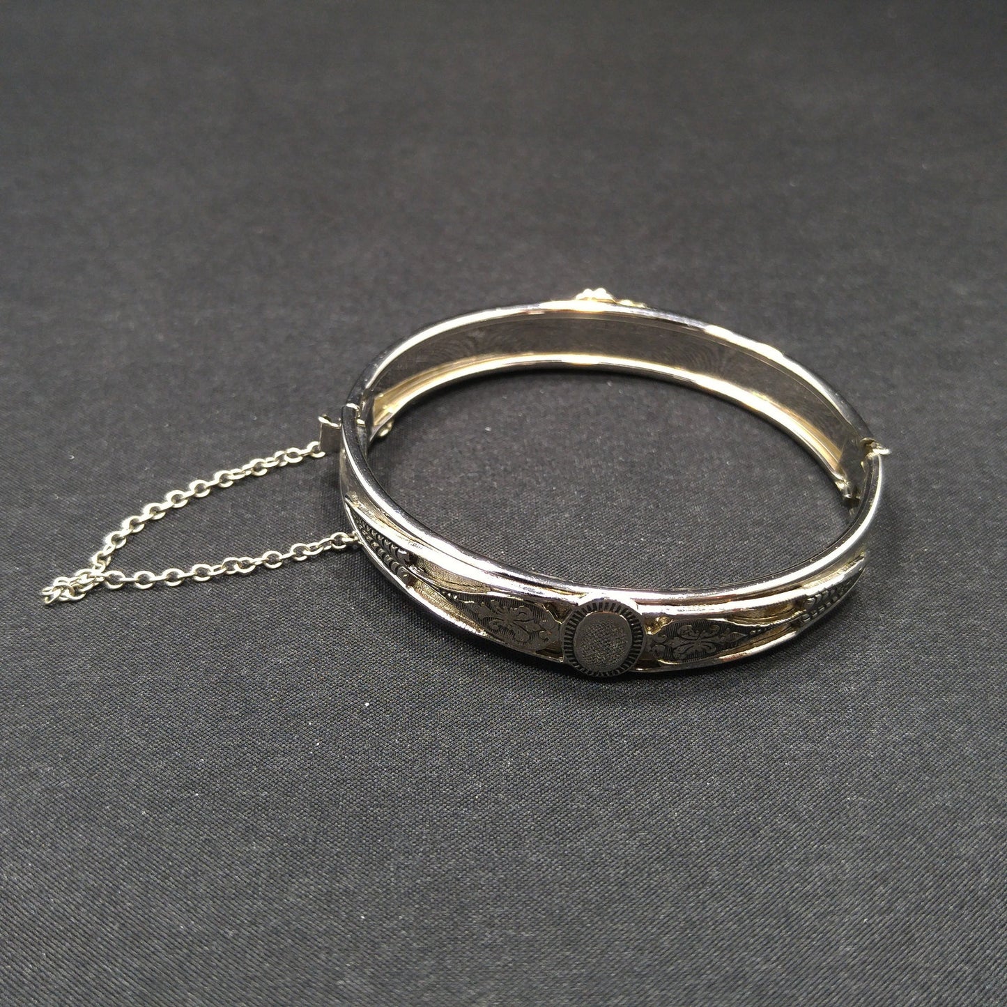 Whiting & Davis Rhodium Plated Hinged Bracelet, Safety Chain, 1960s Vintage Jewelry
