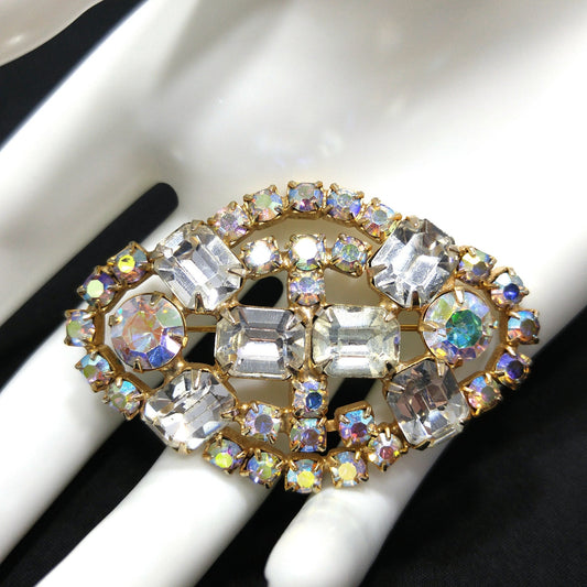 Clear Aurora Borealis Brooch, Gold Plated, 1960s Vintage Jewelry