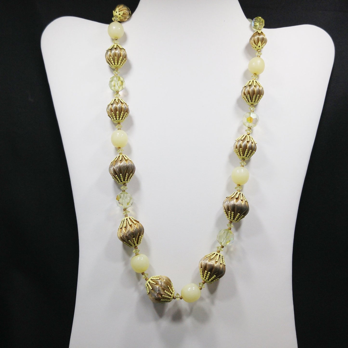 Vendome Gold Twist & AB Crystal Bead Necklace, Yellow Bead Caps, Gold Plated, 1960s Vintage Jewelry