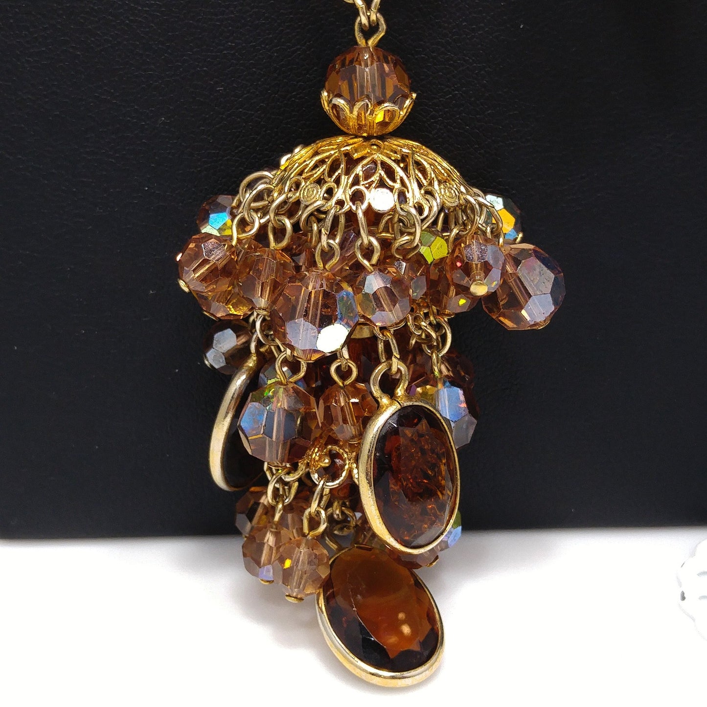 Filigree Chandelier Pendant Necklace & Earrings, Topaz Crystal Beads, 1970s Vintage Jewelry