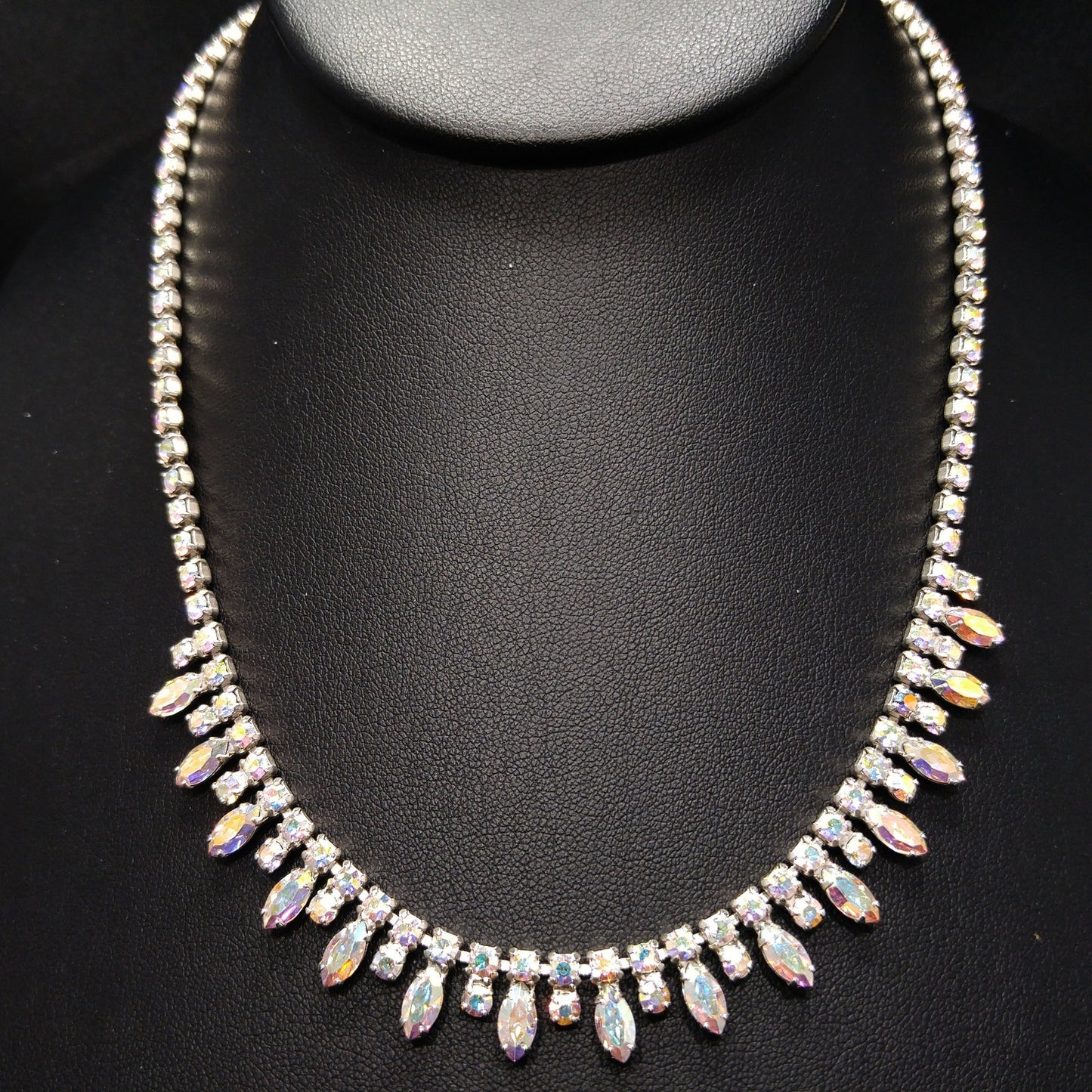 B. David Aurora Borealis Rhinestone Necklace, Rhodium Plated, 1960s Vintage