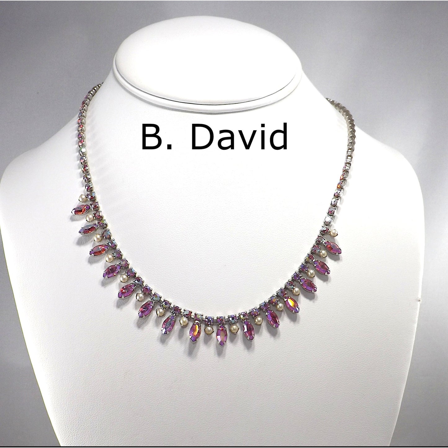 Vintage B. DAVID Pink Red AB Rhinestone Choker Necklace, 1960s, Rhodium Plated