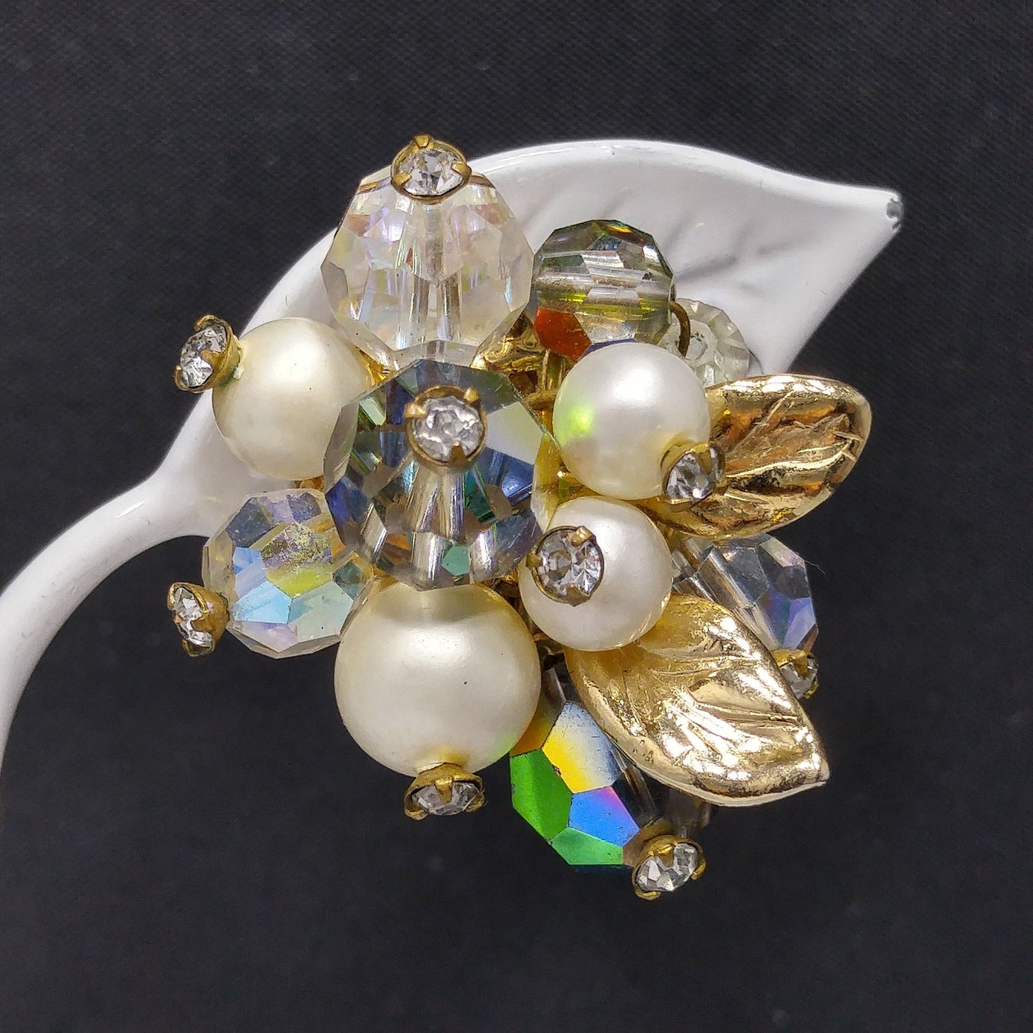Vendome Floral Bead Crystal Clip Earrings, Faux Pearls, Vitrail Crystal, 1960s Vintage Jewelry